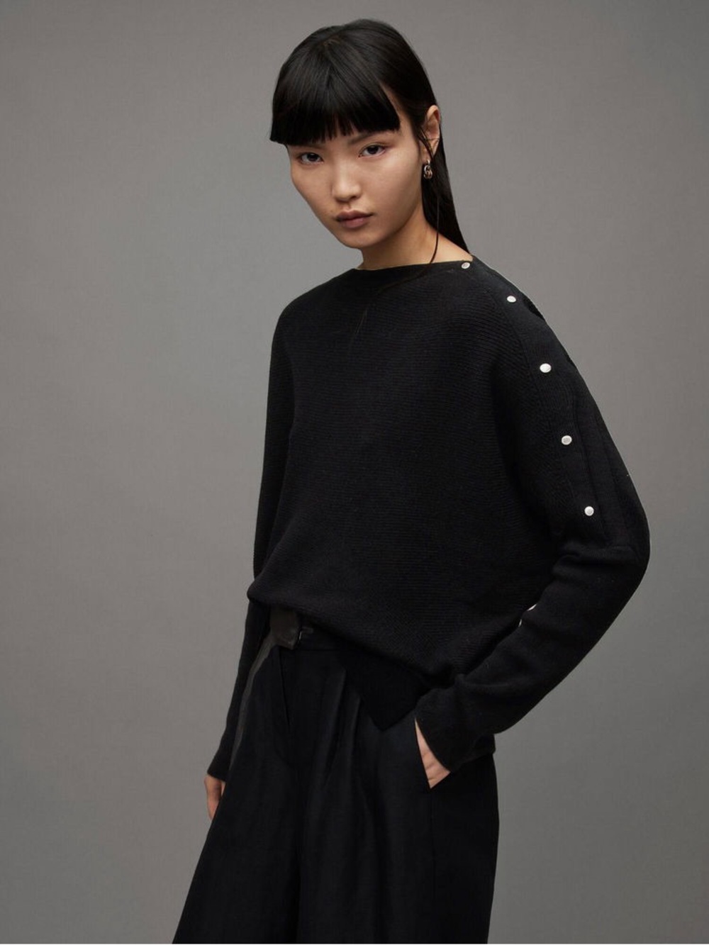 All Saints Raven Wool Cashmere Blend Jumper S Black Sweater Boatneck Studs Edgy